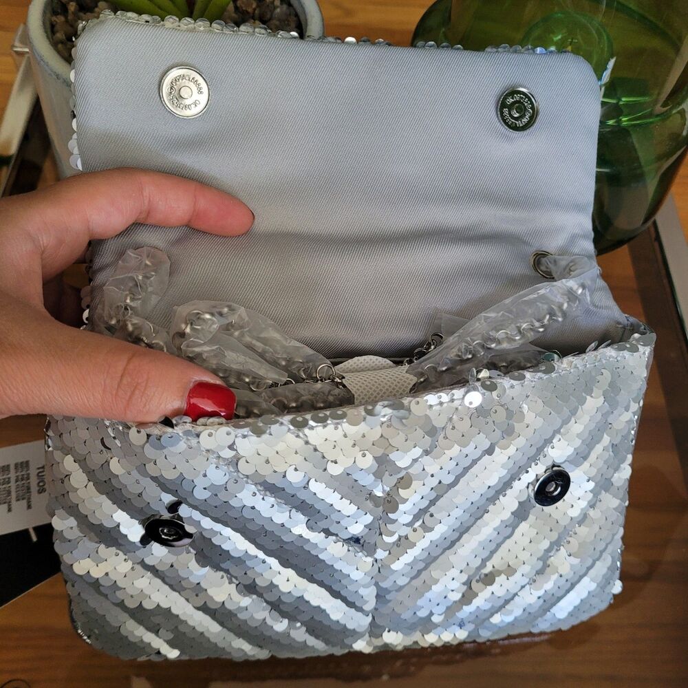 Nicole Miller Silver Sequin Handbag Chevron Quilted Crossbody Purse Evening Bag - Picture 6 of 12
